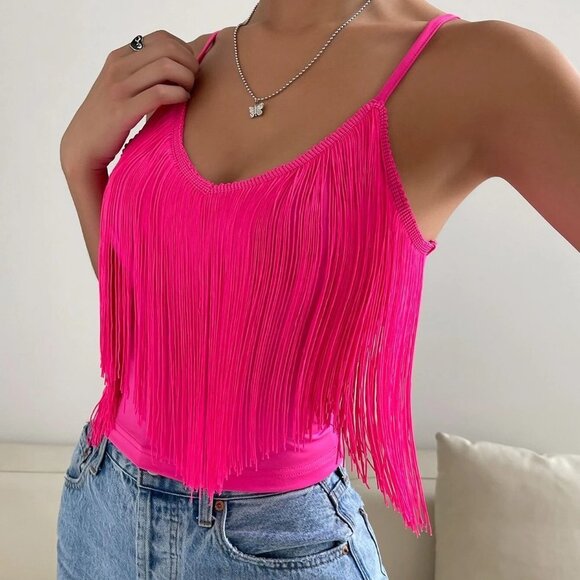 Pink Boho Womens Solid Fringe Trim Cami Top - Picture 3 of 5